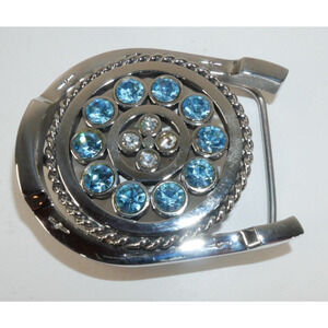 Lucky Horseshoe Artisan Blue White Rhinestone Accents Pipe Welders Belt Buckle